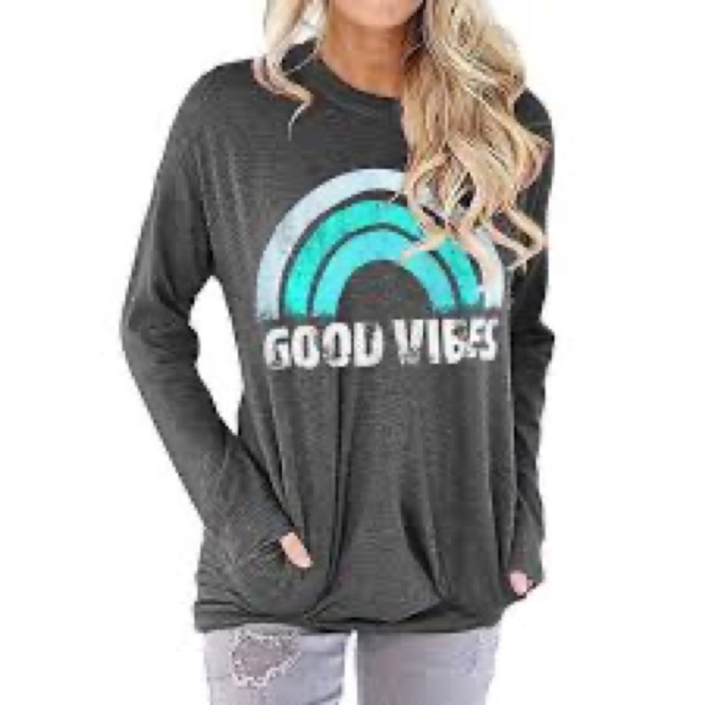 ‘Good Vibes' Rainbow Graphic Sweatshirt | Oversized LS Pockets | Gray | XL